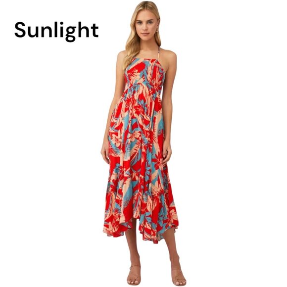 FREE PEOPLE Red & Blue Floral Halter Midi Dress Smocked Bodice  Asymmetrical Hem - Picture 1 of 10